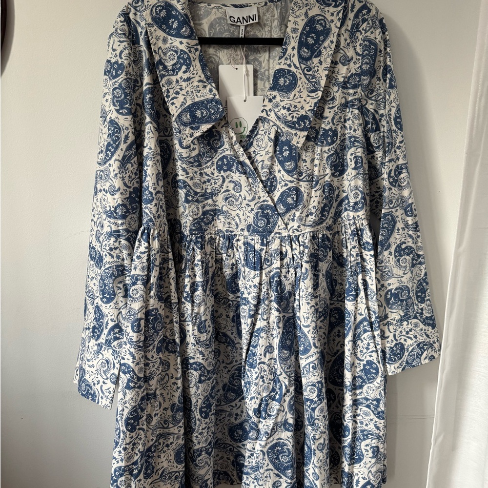 GANNI Navy and Cream Paisley Dress